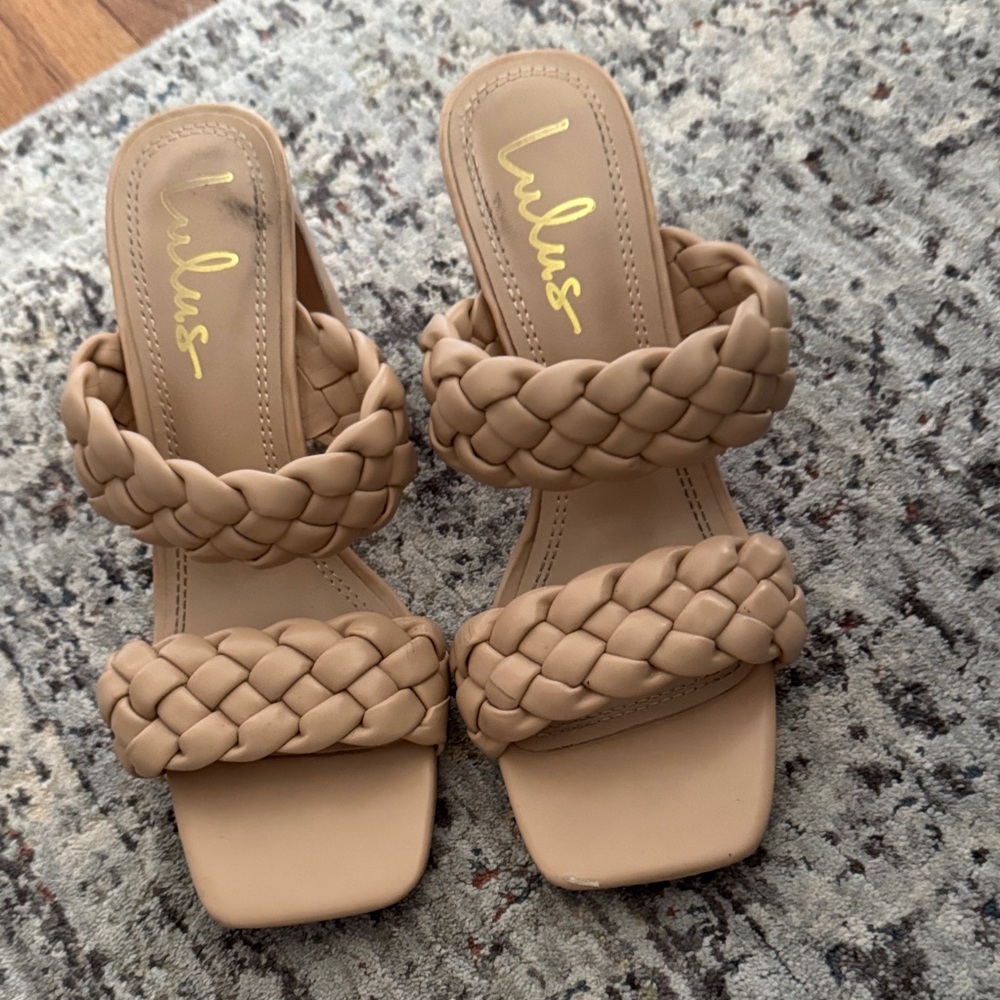 Lulu's Tan Braided Double-Strap Slide Heels